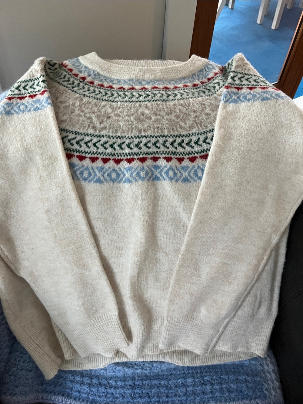 croft & barrow Cream Fair Isle Crewneck Sweater with Red, Green & Blue Accents